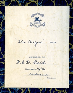 Bookplate from Frank Reid's 'Argus' Prize, 1936.